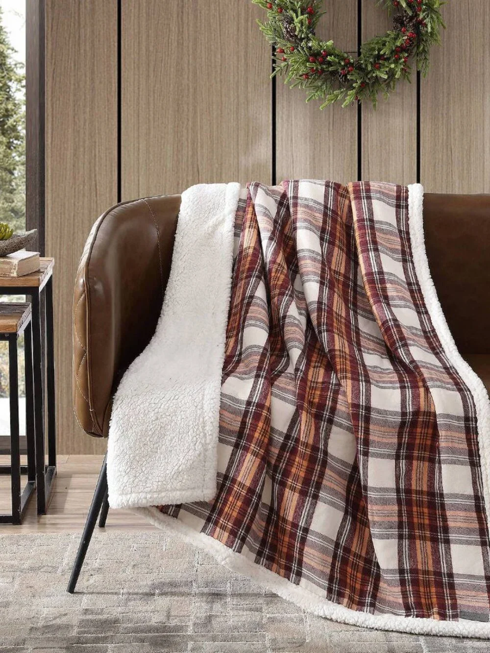NWT Eddie Bauer Edgewood Plaid, Red, Sherpa Backed Throw, 50